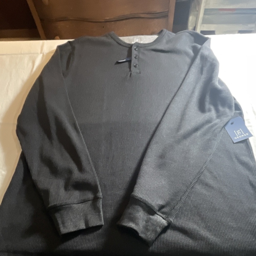 George Men's Black Waffle-Knit Henley Sweater Button Accent Stretch XL
